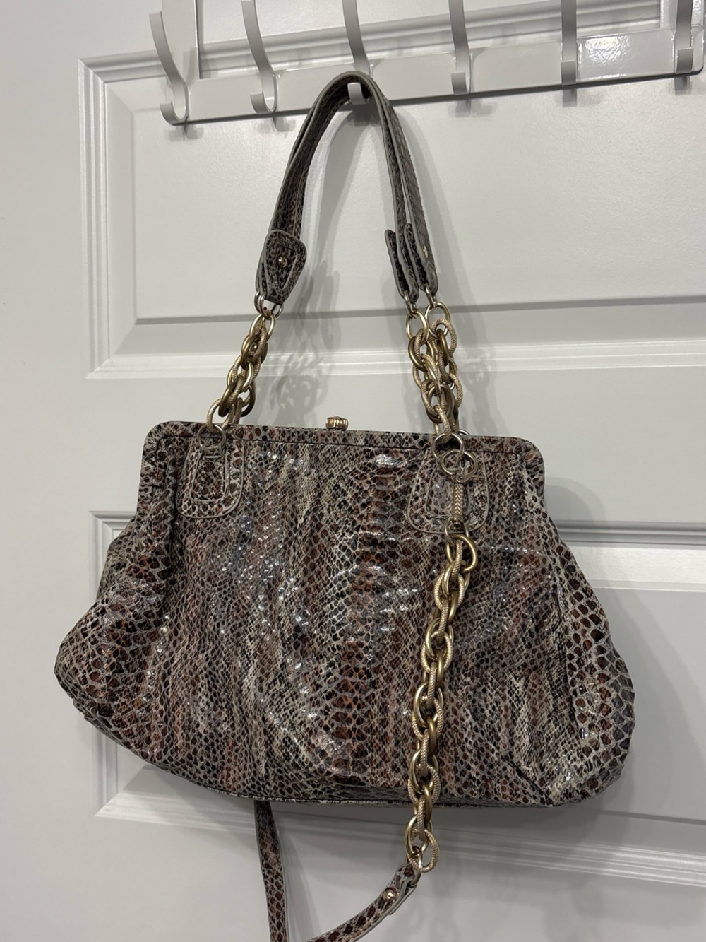 Elliott Lucca Kisslock Snake-Texture Leather Shoulder Bag in Brown